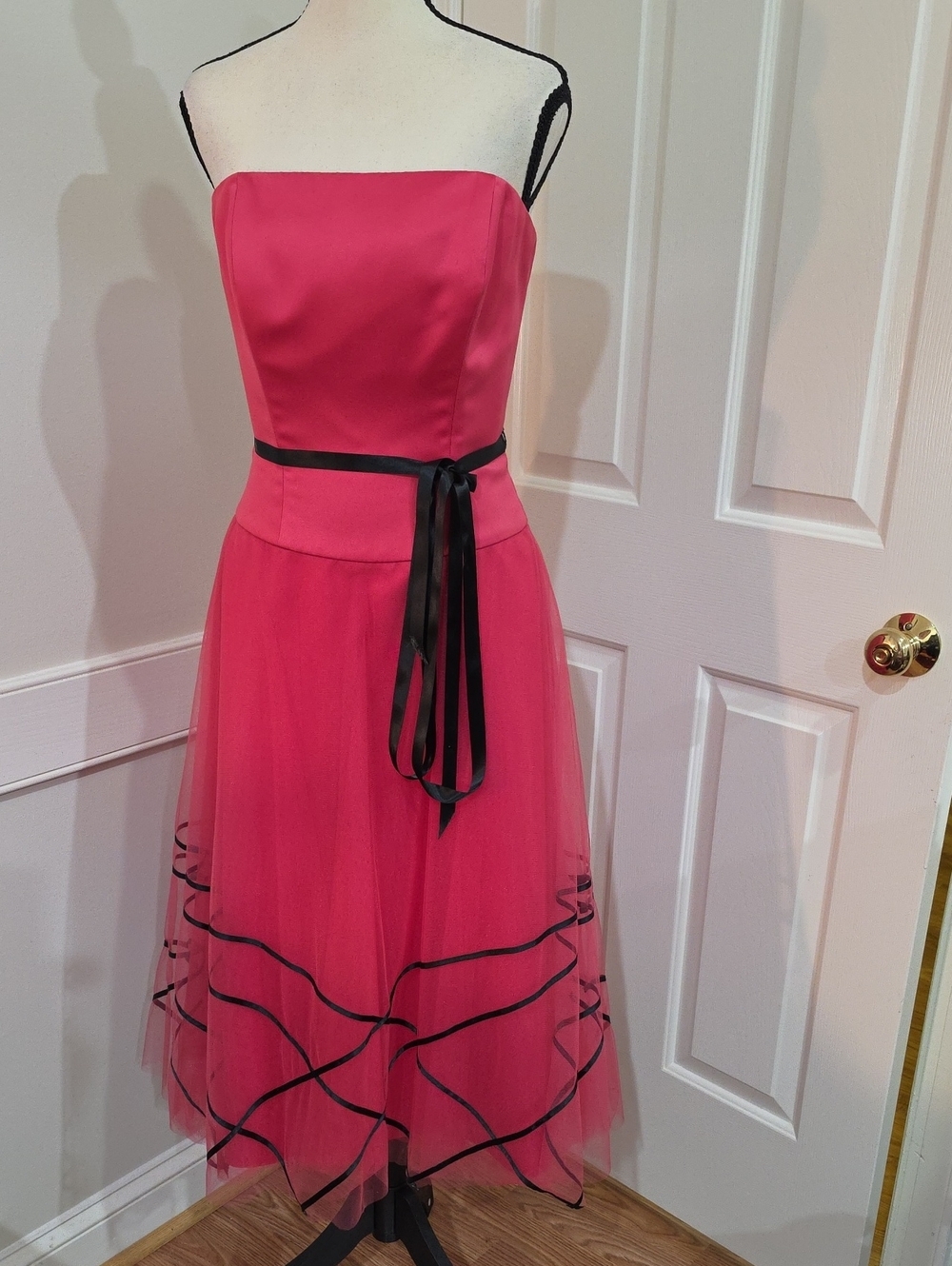 B2 by Jasmine Bridal Strapless Pink Tulle Midi Dress with Black Ribbon - Size 10
